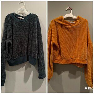 Gypsies and Moondust Green & Yellow Knit Crop Sweater Hoodie Set Juniors Medium